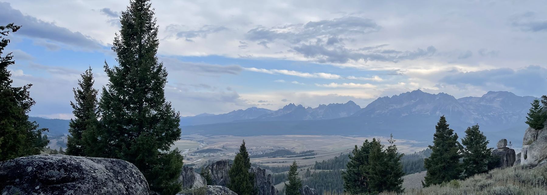 View across the Sawtooth Valley from a forested overlook near Stanley, Idaho